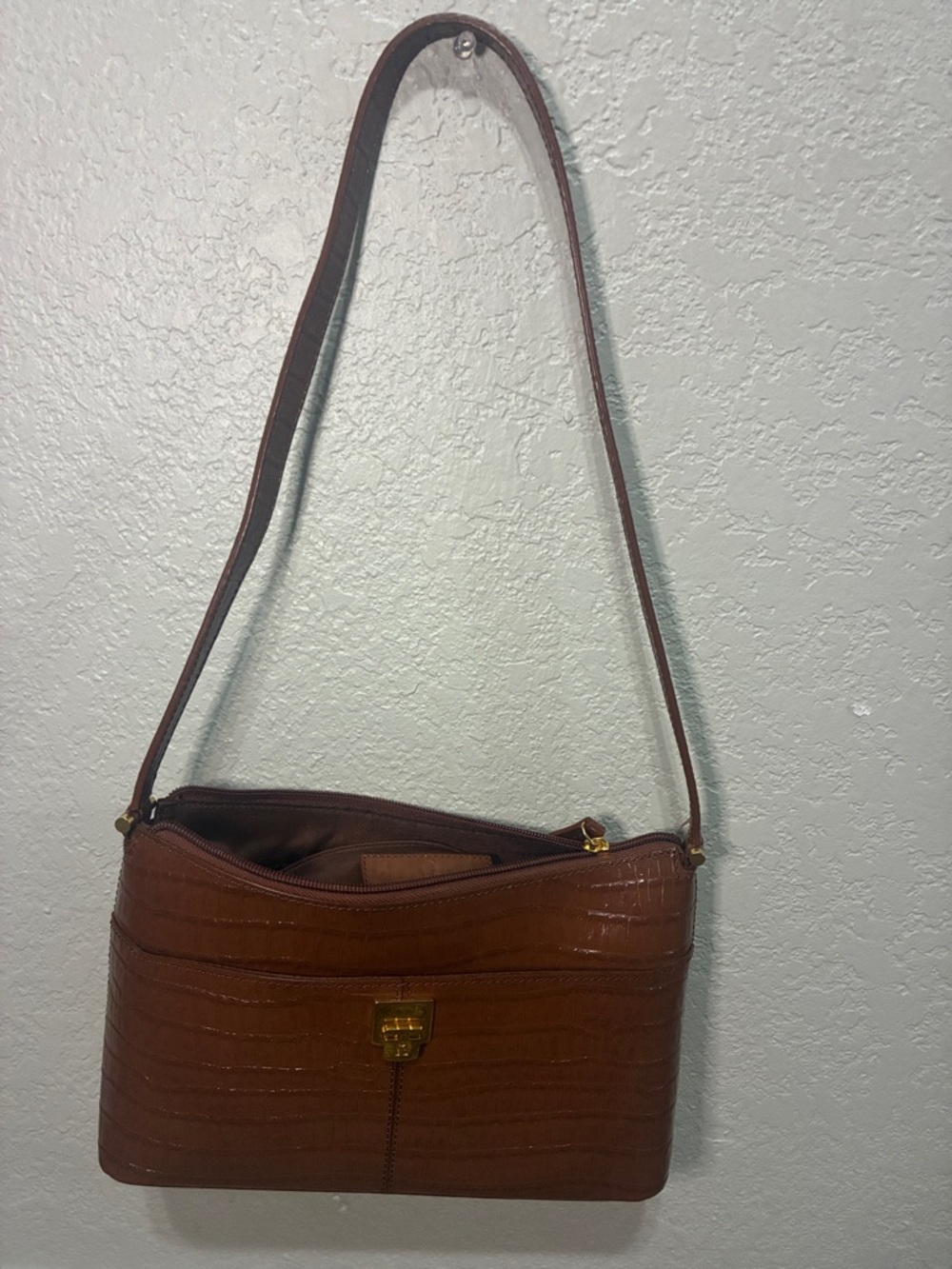 Etienne Aigner Brown Croc-Embossed Leather Shoulder Bag - Picture 2 of 14